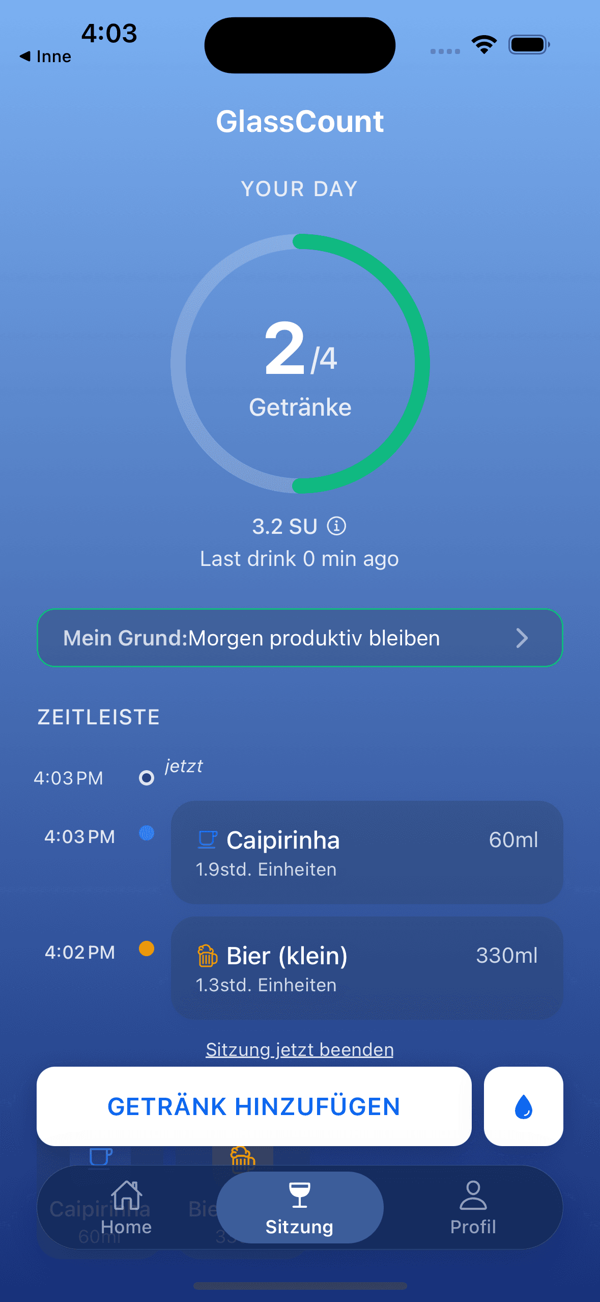 GlassCount-App mit Live-Getränke-Tracking während eines Abends