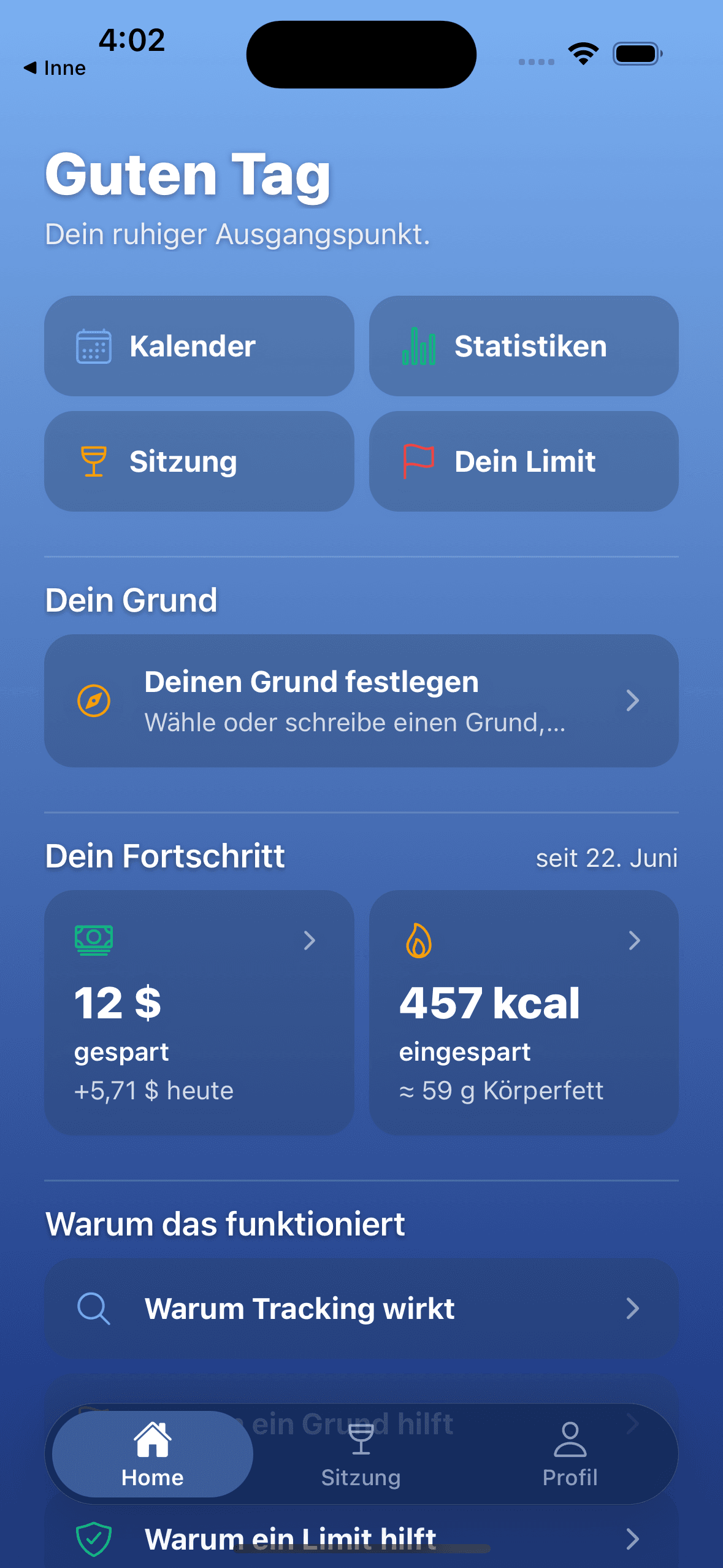 GlassCount-Startbildschirm mit gespartem Geld und Kalorien