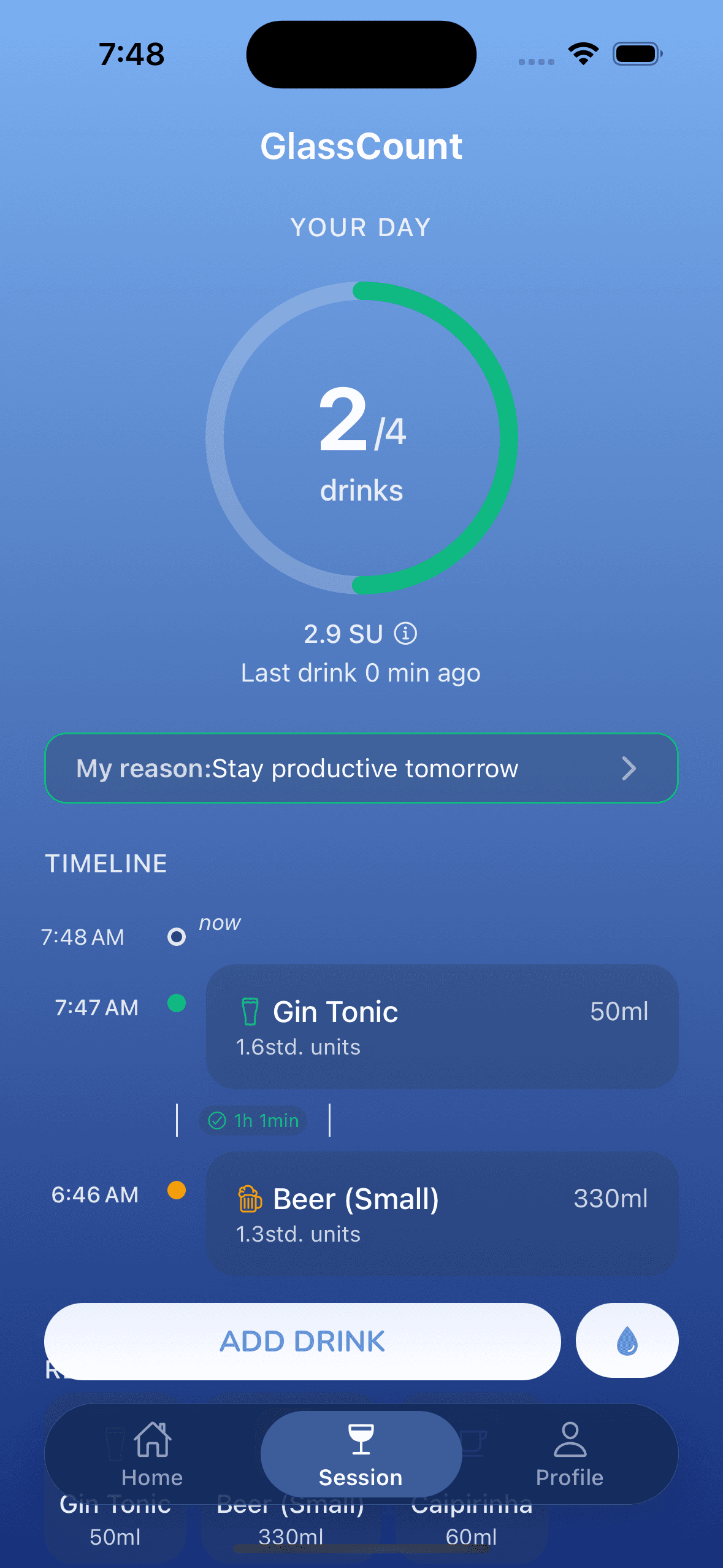 GlassCount app showing live drink tracking during a night out